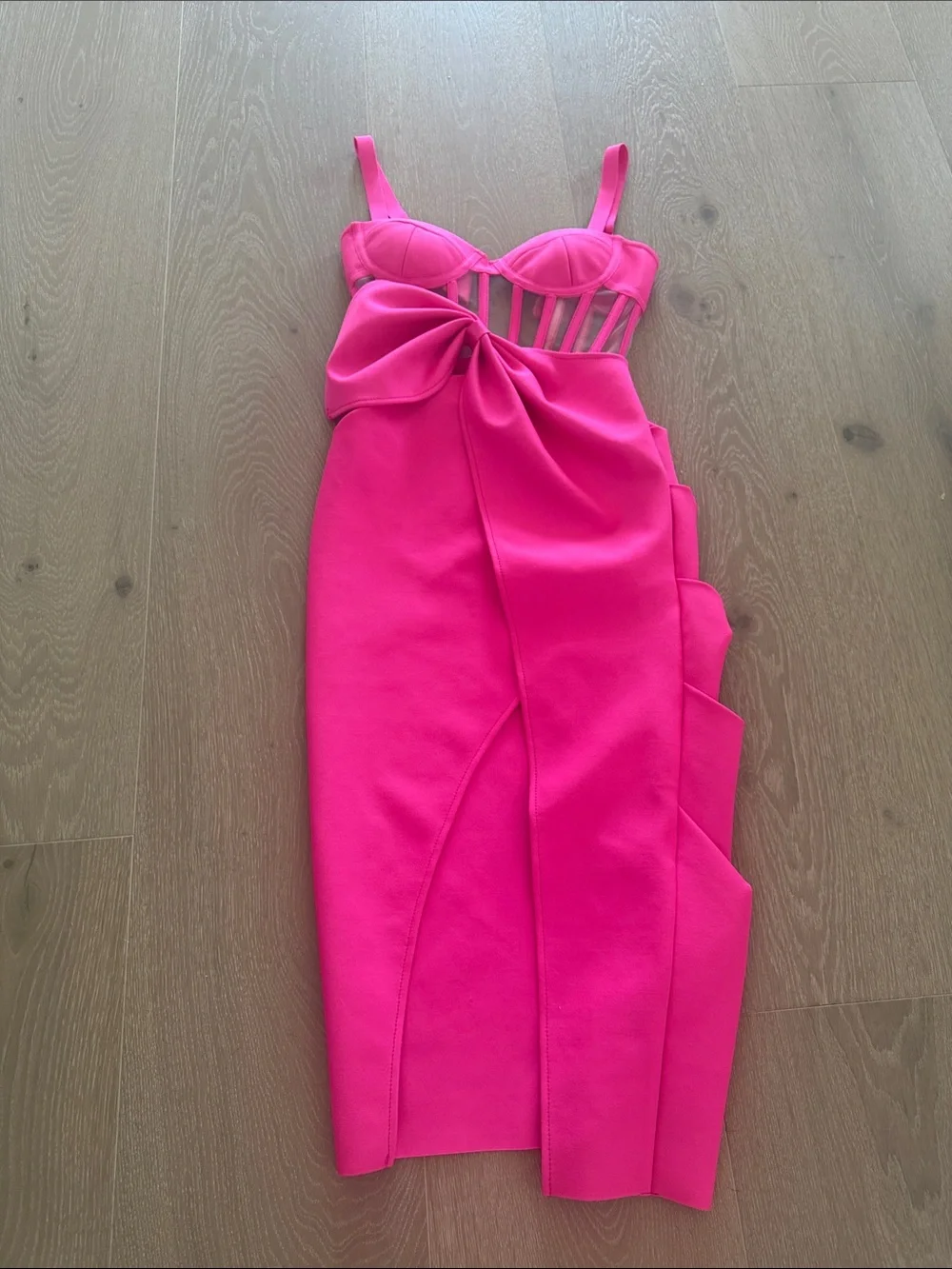 Hot Pink Sculpted Midi Dress with Bow Detail